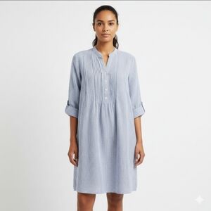 TAHARI Women's Linen Cotton Tunic Blue White Striped Dress Rolled Sleeves Medium